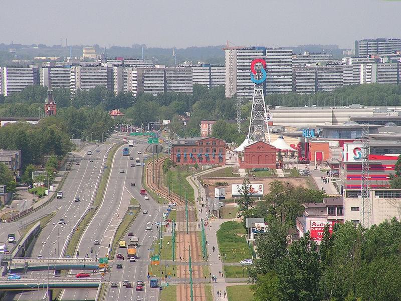 Chorzowska St, Silesia City Center on the right, Tysiąclesia housing estate district at the horizon