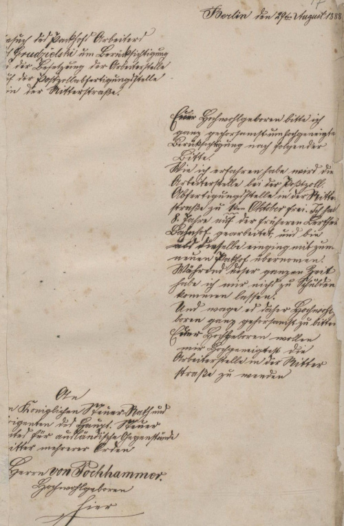 transkrypcja:
Berlin, den 29ten August 1888
Gesuch des Packhofs-Arbeiters
.... Grudzielski um Berücksichtigung
bei der Besetzung der Arbeiterstelle
auf der Postzollabfertigungsstelle
in der Ritterstraße
Euer Hochwohlgeboren bitte ich
ganz gehorsamts um...