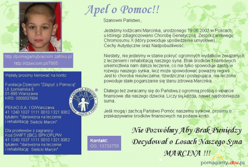 Marcin Sielicki - cechy autystyczne, choroba genetyczna - Zespół Łamliwego Chromosomu X ----- http://pomagamy.dbv.pl/ #pomagamydbvpl #StronaInformacyjna #ApelOPomoc #LudzkaTragedia #PomocPotrzebującym #PomocDziecku #pomoc #PomocCharytatywna #SOS